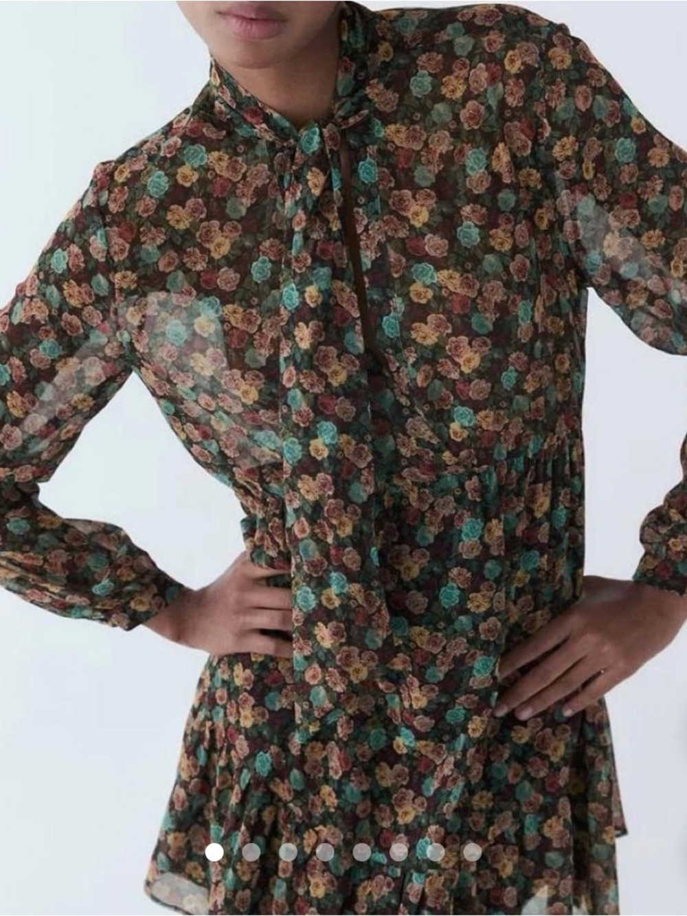 Zara Floral Long-Sleeve Tie-Neck Dress in Brown, Teal & Mustard